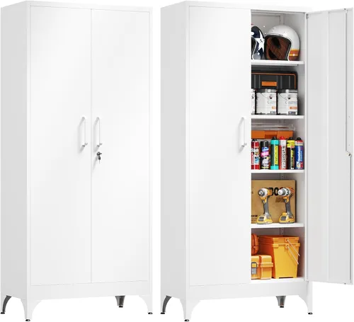 Miniatura 26 de Yizosh Armario de almacenamiento de metal para garaje con 2 puertas y 5 estantes ajustables, gabinete de archivo de acero con cerradura de 71