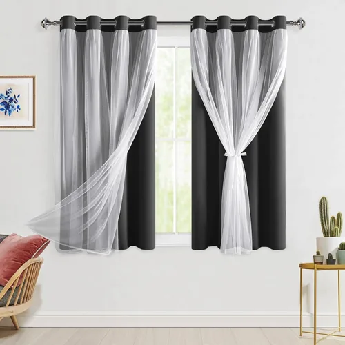 Miniatura 35 de Hiasan Cortinas opacas con superposición transparente, aislamiento térmico para mezclar y combinar de doble capa, cortinas de oscurecimiento de Beige
