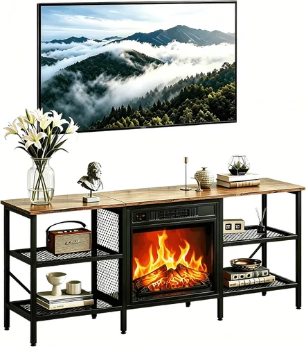 Miniatura 14 de Bonnlo Soporte de TV con chimenea para televisores de hasta 80 pulgadas, centro de entretenimiento rústico con calentador eléctrico y estantes Roble