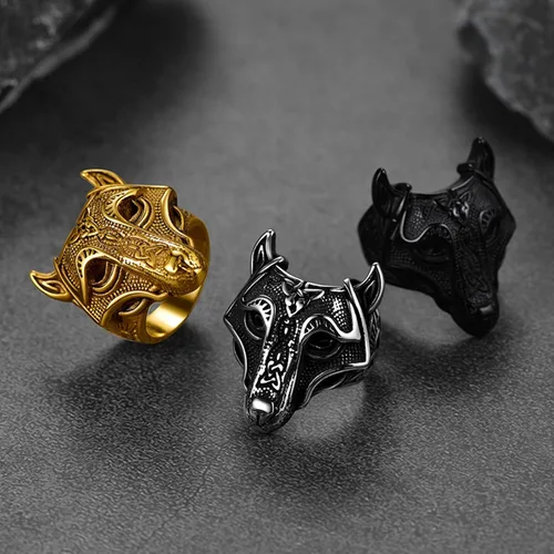 Miniatura 4 de FaithHeart Norse Viking Jewelry - Anillo de acero inoxidable de guerrero para hombre con diseño vikingo de cabeza de lobomartillo de Thor