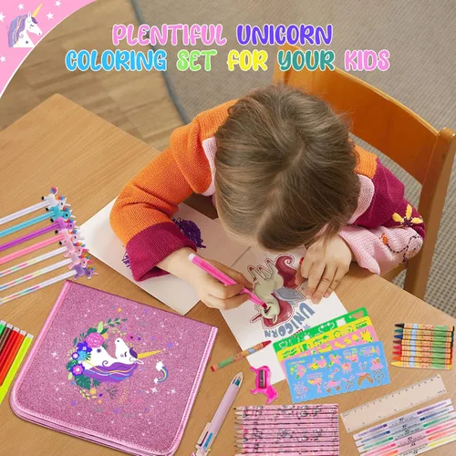 Miniatura 7 de MAIGOZON Juego de marcadores perfumados de frutas 56 piezas con estuche de unicornio con purpurina y papelería, suministros de arte para niños