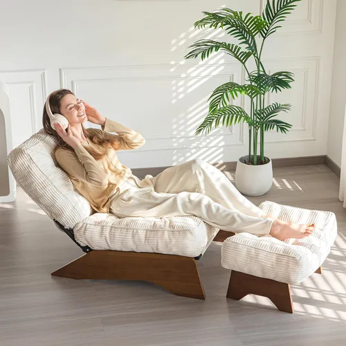Miniatura 3 de MAXYOYO - Sillón decorativo con otomana y respaldo ajustable, silla capitoné para sala, reposera con reposapiés, silla moderna y acogedora Beige