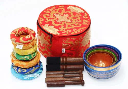 Juego de 7 cuencos tibetanos, cuencos cantores hechos a mano para meditación y curación holística, accesorios de yoga, cuencos multicolores de 3-5