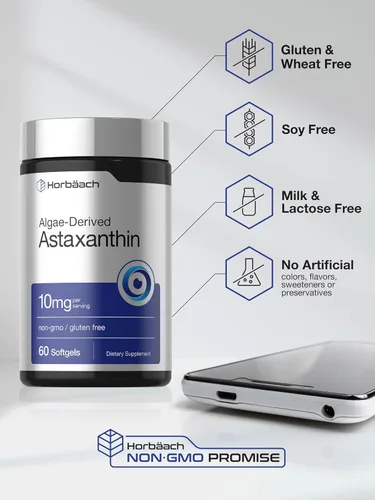 Miniatura 5 de Horbäach Suplementos de astaxantina 10 mg 60 cápsulas blandas Fórmula derivada de algas Sin OMG, sin gluten