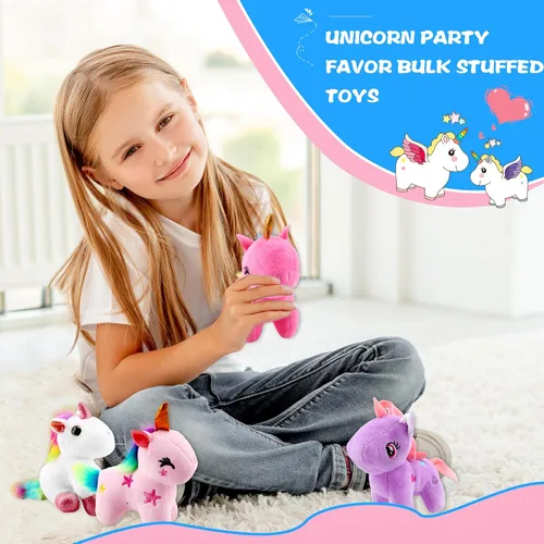 Miniatura 7 de Paquete de 24 minijuguetes de unicornio de peluche a granel, lindo unicornio de peluche pequeño con arco iris para Navidad, Pascua, boda, fiesta