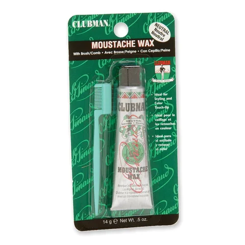 Clubman Cera para bigote – Cera para bigote para hombres de sujeción fuerte, color neutro, incluye cepillo de peinado, paquete para colgar, 0.5 onzas