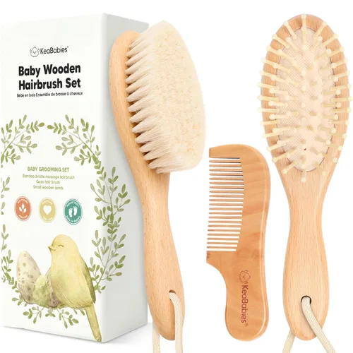 Miniatura 13 de Set de cepillo y peine para bebé recién nacido - Set de cepillo de pelo de madera para bebé con cerdas suaves de cabra, set de cepillo de bebé