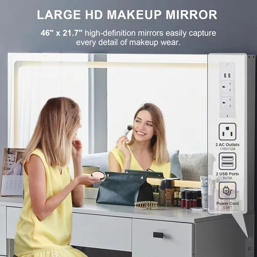 Miniatura 3 de CLIPOP Escritorio de tocador de maquillaje con espejo iluminado grande, mesa de maquillaje con 7 cajones, toma de corriente, control táctil, 3 modos