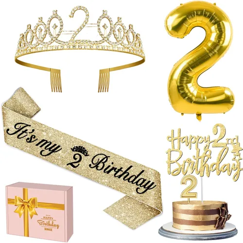 Decoraciones de segundo cumpleaños para niñas pequeñas, incluyendo banda y corona, adorno para pastel y vela 2, globo de número, regalos de segundo