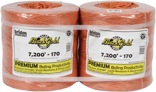 Bridon - Cordel de embalaje de heno negro dorado naranja, fuerza de nudo de 170 libras y 7,200 pies de longitud, 2 carretes de 3,600 pies, embalaje