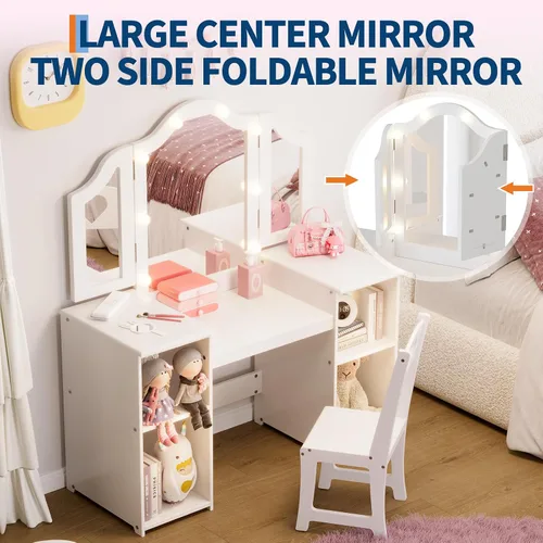 Miniatura 3 de GarveeHome Tocador para niños con luces, gabinete de almacenamiento y espejo plegable desmontable con luz táctil, juego de mesa y silla para niños