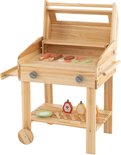 Miniatura 9 de HONEY JOY Cocina de barro, juego de parrilla de madera de abeto para niños al aire libre, juego de comida y herramientas de parrilla, bandeja