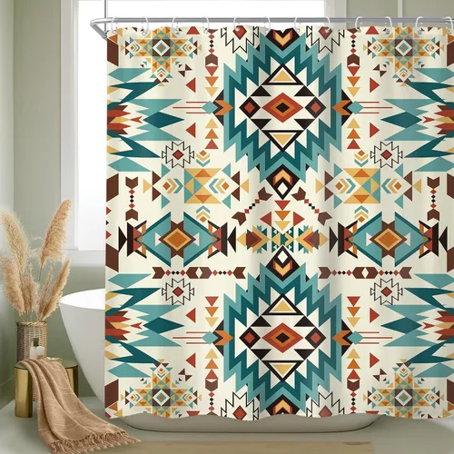 Miniatura 22 de Newsely Cortina de Ducha Pequeña para Caseta RV Occidental Azteca de Cactus 36Wx72H Pulgadas Campista Suroeste Boho Geométrica Étnica Cortina