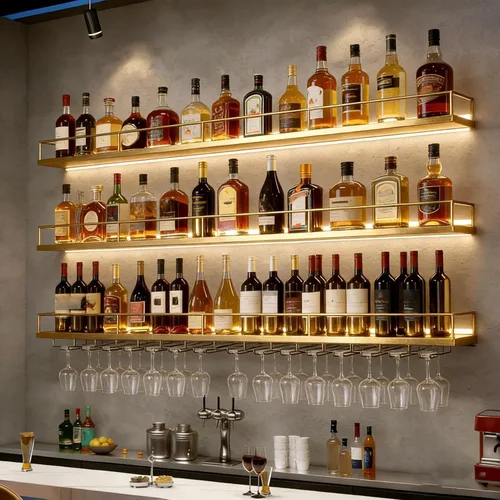 Miniatura 11 de Estante de metal para vino montado en la pared con luces LED, estantes flotantes de bar de 3 niveles con estante para copas de vino, estante grande