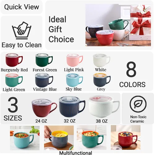 Miniatura 3 de Tazón de sopa de cerámica con asa de 32 onzas – Tazón de ramen para microondas con tapa, tazas y tazas de sopa para cereales, avena, ramen, fideos