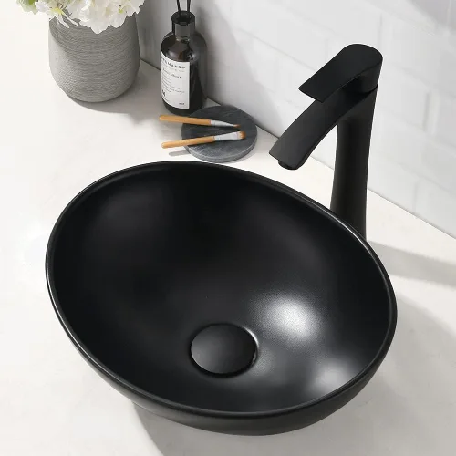 Miniatura 2 de Fregadero de recipiente negro mate de 16 x 13 con grifo y drenaje combinado, fregadero de baño ovalado de porcelana sobre el mostrador Mate negro