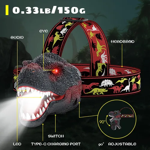 Miniatura 9 de Dysaim Linterna Frontal para Niños, Linterna Frontal de Dinosaurio T-Rex Recargable para Niños y Lámpara LED de Cabeza, Linterna de Equipo