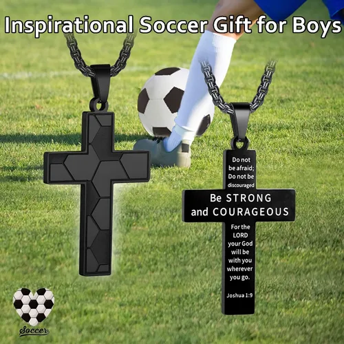 Miniatura 2 de HattiDoris Collar de cruz de fútbol para niños, colgante de cruz de versículo bíblico inspirador, cadena de acero inoxidable de 22 + 2 pulgadas