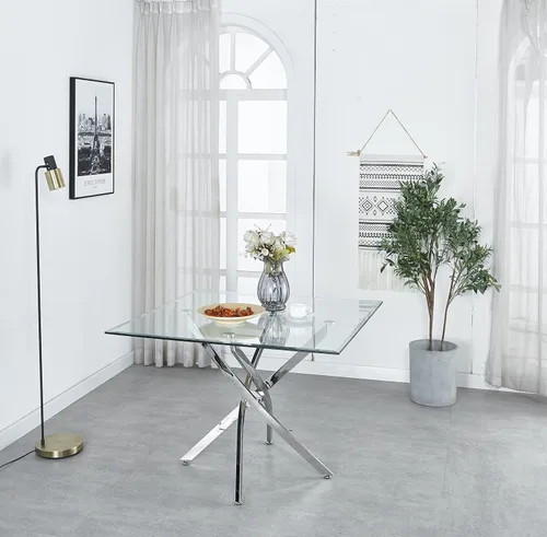 Miniatura 13 de Mesa de comedor rectangular moderna de vidrio, mesa de cocina de vidrio con parte superior de vidrio templado transparente y pedestal de base doble