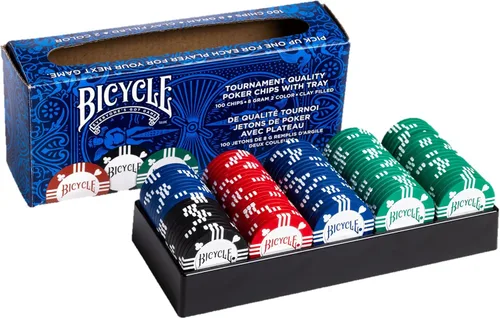 Bicycle 8G 100 unidades de fichas de póker de arcilla con bandeja de casino Premium 8G Fichas de póker rellenas de arcilla con bandeja de casino,