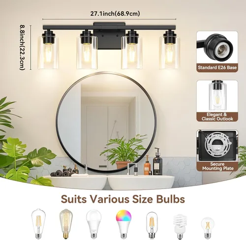 Miniatura 8 de VerRon 4 luces de baño, modernas luces de tocador negro mate sobre espejo con pantallas de vidrio transparente, aplique de pared de baño
