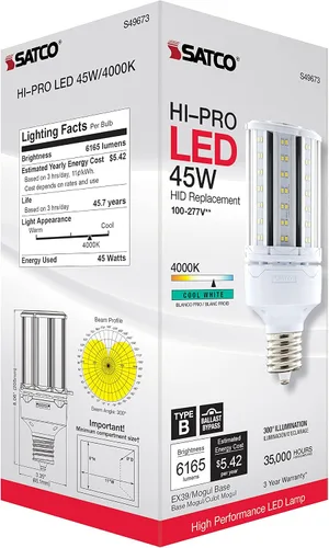 Miniatura 10 de Satco S49673 - Bombilla LED HID de mazorca de maíz, base extendida Mogul, 45 W, clasificación de 35000 horas, 6165 L, blanco frío