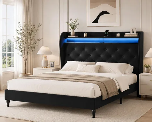 Miniatura 16 de Base de cama tamaño King con cabecera alta, base de cama tapizada con estación de carga y luces LED, moderna cabecera de almacenamiento con respaldo