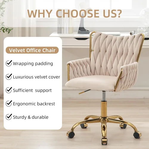 Miniatura 5 de Westice Silla de Escritorio de Terciopelo, Silla Cómoda Dorada para Oficina en Casa con Respaldo Tejido a Mano, Silla Giratoria de Altura Ajustable
