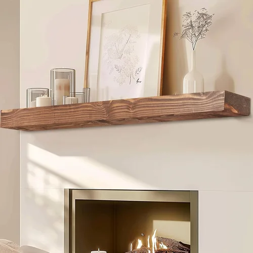 Miniatura 35 de Repisa de chimenea de 48 pulgadas, madera maciza rústica hecha a mano de 3 pulgadas de grosor, estante flotante largo de pared con soporte de metal