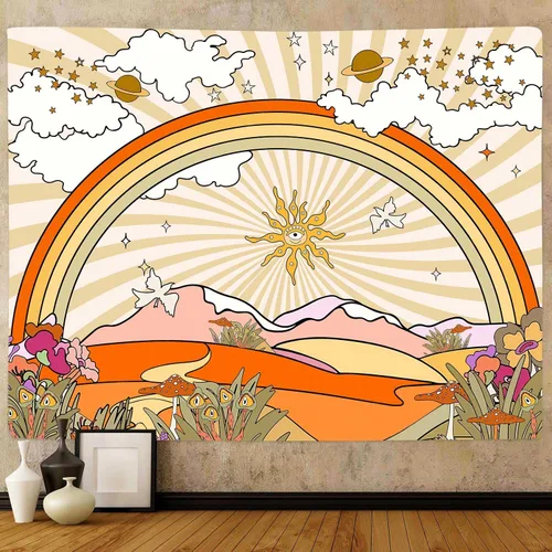 TPMDFC Tapiz retro de los años 70 y 60, tapiz vintage de flores, nubes, sol y arco iris, tapiz para colgar en la pared, tapiz estético bohemio