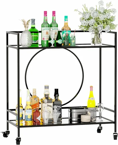 Miniatura 3 de RiteSune Carrito de bar negro con ruedas, carrito de servir vintage con 2 estantes de espejo, carrito de alcohol para bar en casa