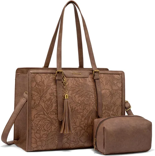 Miniatura 24 de LOVEVOOK Bolsa para laptop para mujer, bolsa de lona ligera de 15.6 pulgadas, bolsa grande para computadora, con bolso de mano, para negocios, Beige