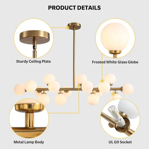 Miniatura 8 de Candelabro Dorado para Comedor Sobre Mesa Candelabro Moderno de Mediados de Siglo Pantalla de Globo de Vidrio Blanco Accesorio de Iluminación