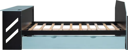 Miniatura 8 de Cama para juegos, sofá cama de tamaño matrimonial con escritorio, cama de plataforma matrimonial de madera con cama nido de tamaño individual y USB