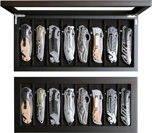 Estuche Organizador de Exhibición de Cuchillos almacena 8 cuchillos de bolsillo, Soporte para Cuchillos Plegables con Ventana de Vidrio Real Ranura