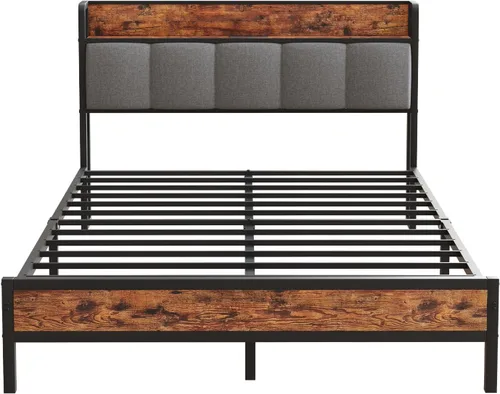 Miniatura 9 de Novilla Base de cama Queen con estación de carga USB/tipo C y cabecera de almacenamiento, marco de cama de plataforma de metal moderno, fácil