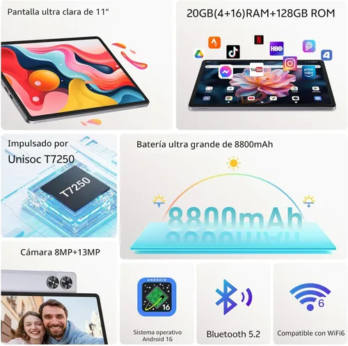 Miniatura 2 de Tablet Android 16 de 11 pulgadas con teclado, mouse y lápiz capacitivo, color gris 20GB RAM 128GB ROM, Octa-Core Gemini AI, cámara de 13MP