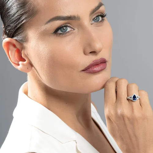 Miniatura 2 de Peora 925 Sterling Silver Teardrop Crest Ring for Women, Various Gemstones, Pear Shape 9x6mm, Sizes 5 to 9