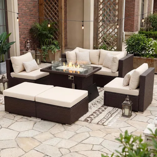 Miniatura 43 de NICESOUL Juego de muebles de patio para exteriores de 7 piezas con mesa para hoguera, gas natural y propano convertible, respaldo alto de 29.3