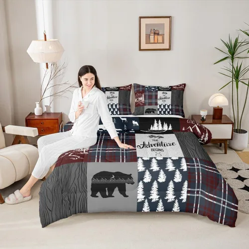Miniatura 237 de Juego de edredón de oso y ciervo, tamaño individual, ropa de cama de animales salvajes de caza, colcha rústica de cabaña, casa de campo, cuadros