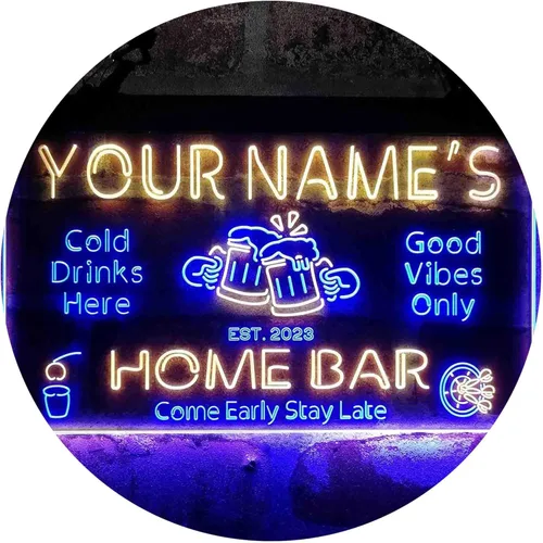 ADVPRO personalizado: tu nombre, barra de casa personalizada, cerveza, año de fundación, letrero de neón LED de doble color, azul y amarillo, 24 x