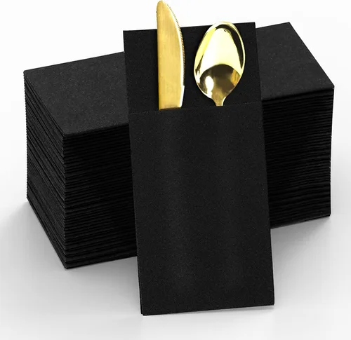 Miniatura 7 de KAMMAK Servilletas Negras Desechables con Bolsillo para Boda, Servilletas Decorativas de Cena de Papel, Paquete de 100, Toallas de Mano de Invitado