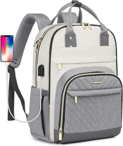 Miniatura 28 de Mochila para laptop para mujer, mochila de viaje de trabajo de 15.6 pulgadas con cargador USB, mochila universitaria impermeable, mochila