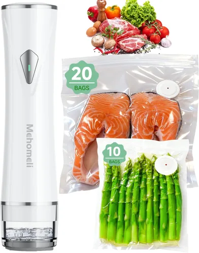 Miniatura 10 de Mehomeli Sellador al vacío compacto para alimentos (máquina selladora al vacío + 20 bolsas de vacío reutilizables), potente máquina selladora al