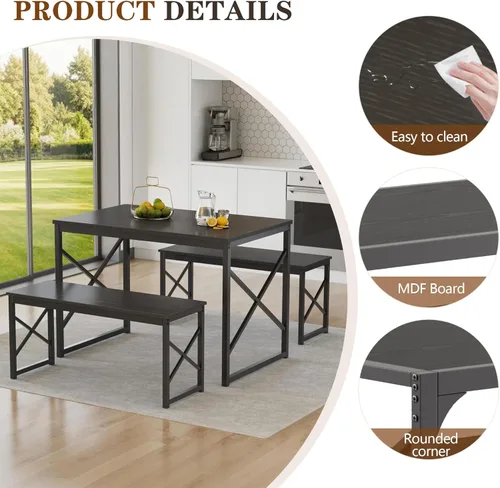 Miniatura 5 de VECELO Juego de mesa de comedor de cocina de 43.3 pulgadas para 4, marco de acero resistente y mesa de grano de madera, juegos de comedor que