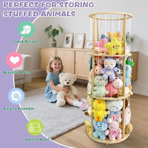 Miniatura 3 de Torre giratoria de almacenamiento de animales de peluche, organizador de juguetes de peluche de madera de 51 pulgadas de alto