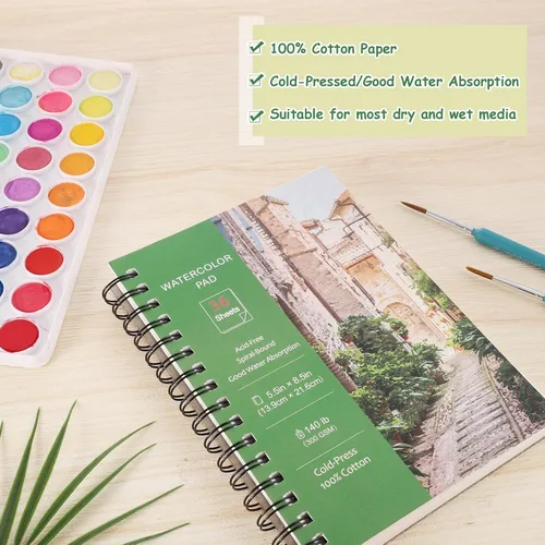 Miniatura 5 de Prudiut 36 hojas de papel de acuarela de 5.5 x 8.5 pulgadas, 140 lb/300 GSM, papel de acuarela de color de agua de prensa en frío, cuaderno
