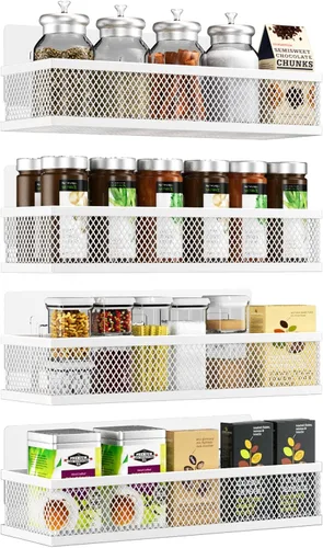 Miniatura 7 de Soporte de pared para especias, paquete de 4 organizadores de puerta de despensa y cestas de almacenamiento colgantes para montaje en pared, estante