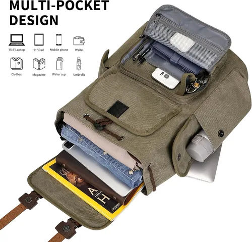 Miniatura 3 de WITZMAN Mochila de lona para hombre, mochila vintage para laptop de 15.6 pulgadas, mochila de viaje de alta capacidad casual (A8004 verde militar)