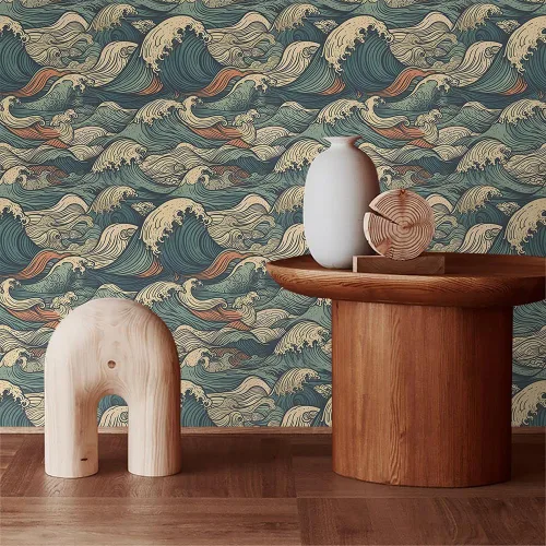 Miniatura 3 de MuralPeel Vintaje Japonés Olas del Mar Azul/Amarillo Mosaico Papel pintado Autoadhesivo para Despegar y Pegar